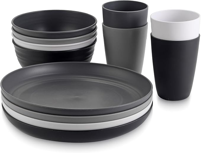 Plastic Camping Plates and Bowls Set, 12pcs Unbreakable Camping Dinner Set for 4, Reusable, Microwave & Dishwasher Safe Dinner Set, for Kitchen Outdoor Travel Picnic