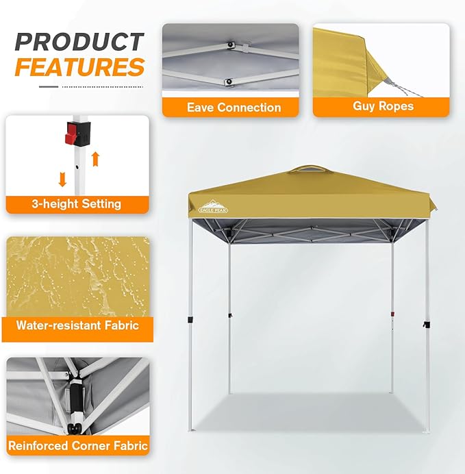 EAGLE PEAK Pop Up Canopy Tent with Wheeled Carry Bag, 8 Stakes, 4 Ropes, Easy Set Up Tent Canopy, 6.6x6.6 ft, Beige