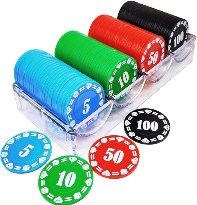 400 Plastic Poker Chips with Storage Box Set,Denomination Printed Casino Style Chip for Texas Home Game Holdem Poker Nights,Blackjack,Roulette Games,Casino Parties