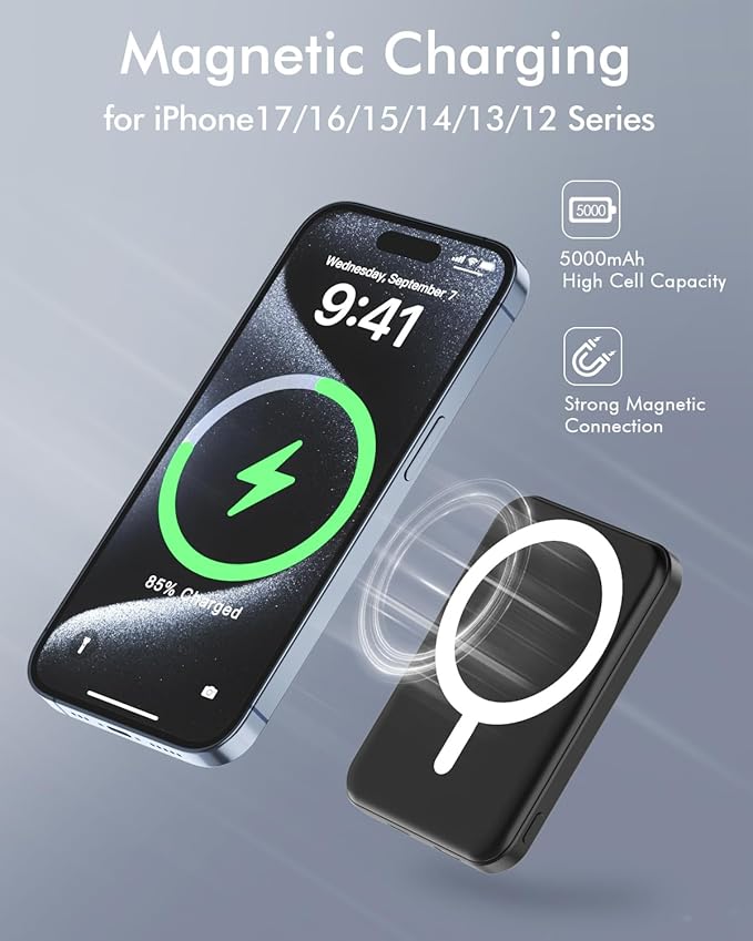podoru for Magsafe Battery Pack, 5000mAh Magnetic Power Bank with Type-C Cable 20W PD Fast Charging Lighting Input Wireless Portable Charger for iPhone 17/16/15/14/13/12/ All Series-Black