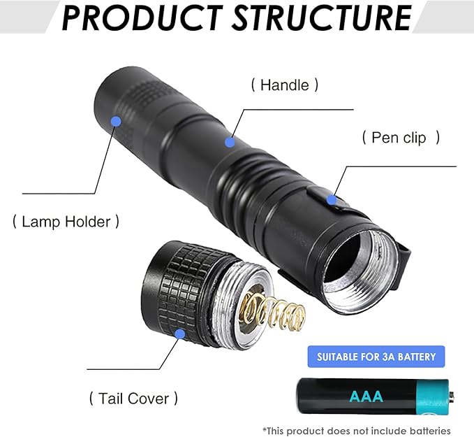 3.5" Mini Flashlight, AAA Small Pen Light with Clip, 500 Lumen Pocket Pen Flashlight Powered by AAA Battery, Portable Versatile for Inspection Medical Repair Camping Outdoor Emergency (White Light)