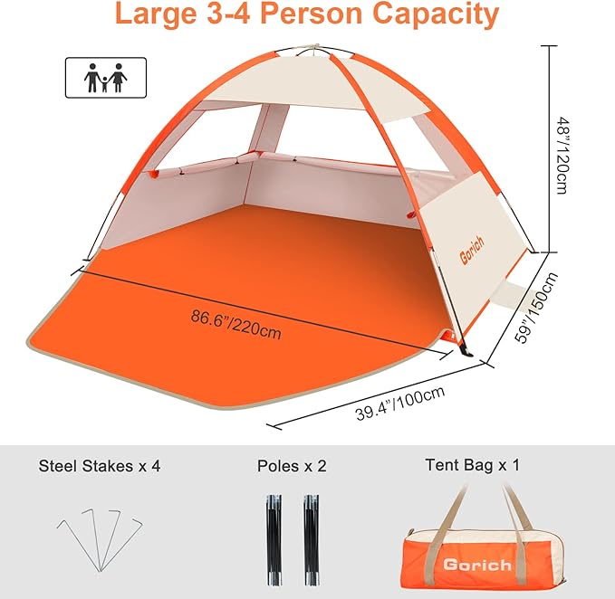 Gorich Beach Tent Sun Shelter for 3/4-5/6-7/8-10 Person with UPF 50ï¼?UV Protection, Lightweight & Easy Setup Beach Shade Canopy, Portable Beach Shade Tent Beach Cabana
