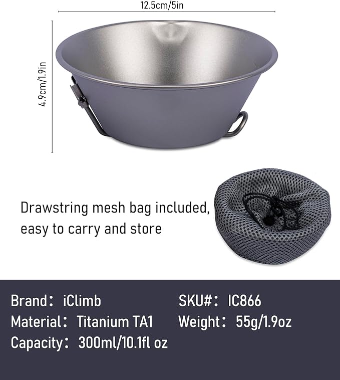 iClimb Titanium Bowl with Foldable Handle Ultralight Compact Portable Flatware Tableware with Bag for Outdoor Camping Backpacking Hiking Travel Picnic
