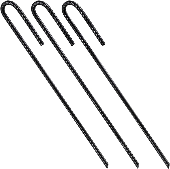 Rebar Stakes U/J Hook Extra Heavy Duty,(10pcs) 12 inch x 1/4 inch Rust Proof Coated Steel Ground Stakes Ground Anchors, Garden Stake Metal Stakes Tent Stakes Trampoline Anchors (J-Hook)