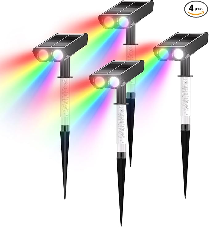 RGB Solar Spot Lights : 2 IN 1 Solar Lights Outdoor with 8 Lighting Modes & PC Light Guide Column for Tree Garden Yard Pathway | RGB Color Changing Landscape Lights | IP65 Waterproof | 4 Pack