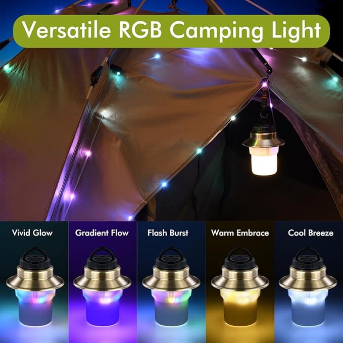 Rechargeable LED Camping Lights & Lantern, Waterproof Lamp with 5 Modes RGB String Lights, Adjustable Brightness Tent Light, Battery Powered Outdoor Lantern, Camping Essentials