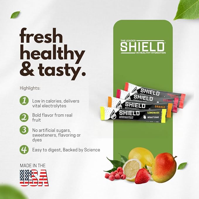 SHIELD® Electrolyte Replenisher | 32ct Powder Stick Packs – Refreshing, Clean, & Clear Hydration, No Artificial Colors/Dyes, No HFCS, Balanced Electrolyte Replenishment, and Real Fruit Flavor