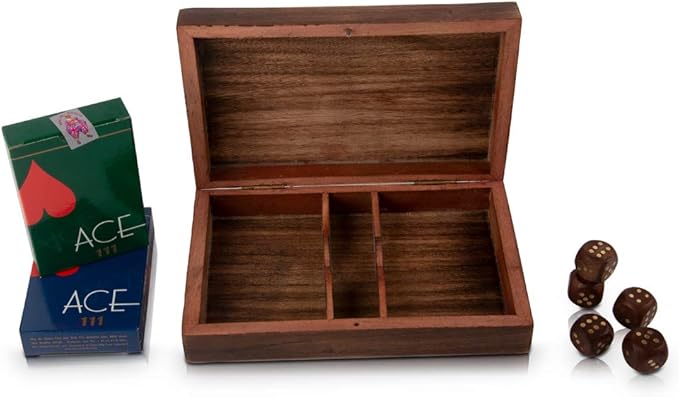 Birthday Gift Ideas Handcrafted Classic Wooden Playing Card Holder Deck Box Storage Case Organizer With Dice & Two Packs of Premium Quality 'Ace' Playing Cards For Men Women