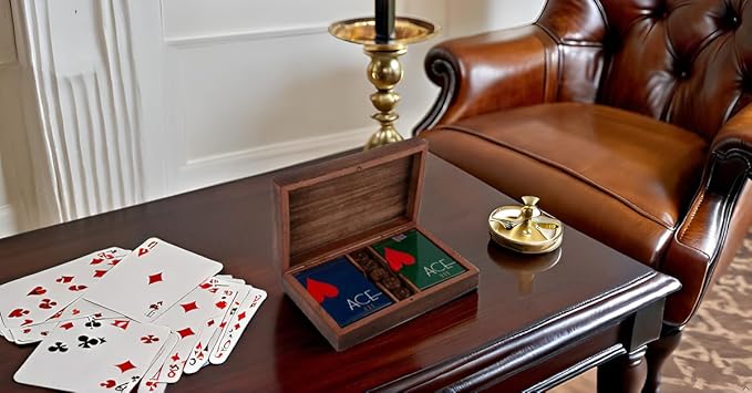 Birthday Gift Ideas Handcrafted Classic Wooden Playing Card Holder Deck Box Storage Case Organizer With Dice & Two Packs of Premium Quality 'Ace' Playing Cards For Men Women
