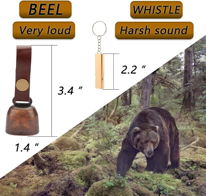 kcrygogo Loud Bear Bells with Leather Button Strap and Emergency Whistle for Survival, Hiking, Biking, Fishing, Climbingï¼?sets