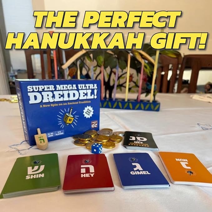 Super Mega Ultra Dreidel - Card Game Adds a New Spin on an Ancient Tradition - Family Holiday Fun for 2-6 Players Age 7+