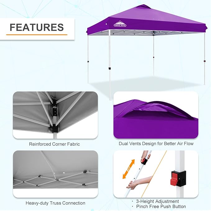 EAGLE PEAK Pop Up Canopy Tent with Wheeled Carry Bag, 8 Stakes, 4 Ropes, 4 Weight Bags, Easy Set Up Tent Canopy, 12x12 ft, 144sqft of Shade, Purple