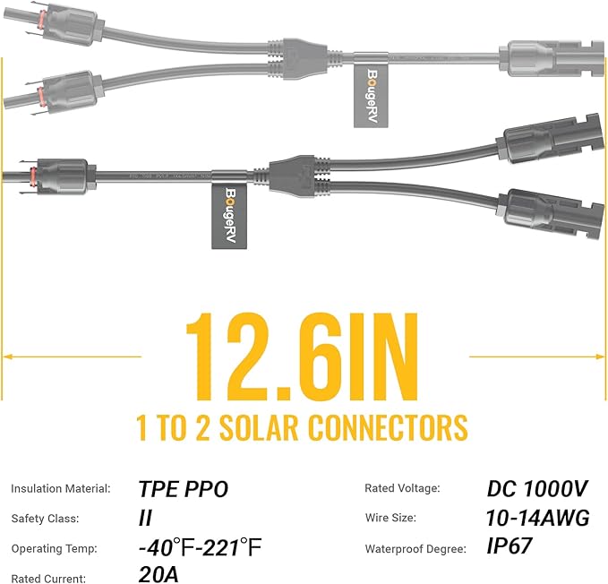 BougeRV 4 Pairs Solar Y Branch Connectors Solar Panel Parallel Adapter Cable 1 to 2 Wire Plug Tool Kit (M/FF and F/MM)