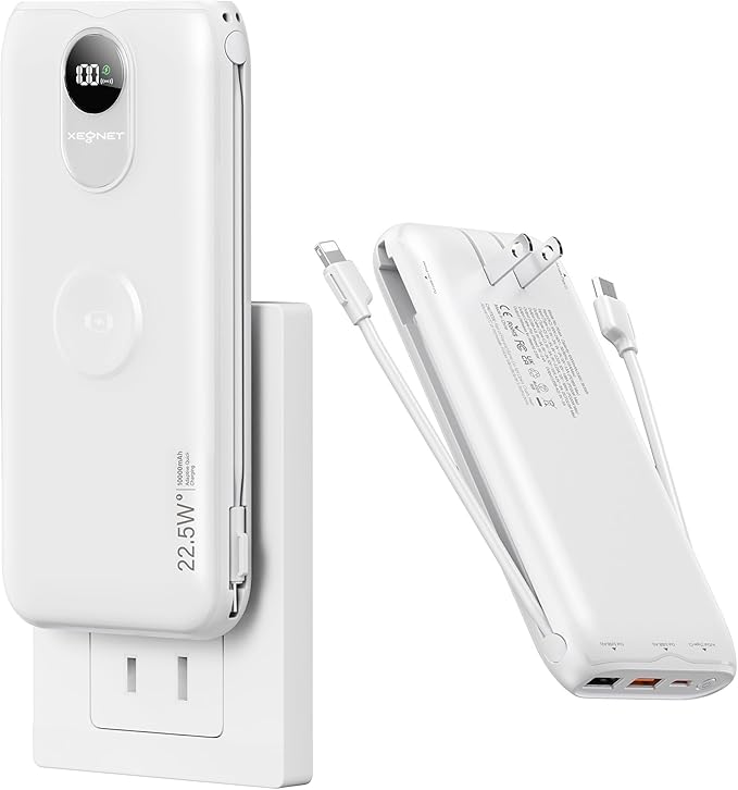 Portable Charger, 10000mAh 22.5W USB C Power Bank Built in Cables, AC Wall Plug and Led Display, External Battery Pack Fast Charging, Travel Essentials for iPhone, Android Cell Phone, Tablet, iWatch
