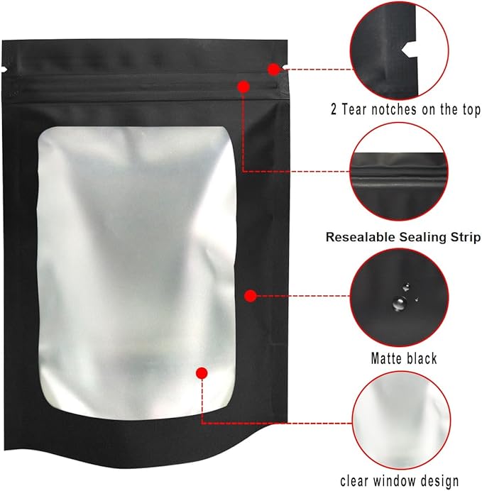 STUs 100 Pack Stand-Up Smell Proof Bags 5.5 x 7.9 Inch Resealable Mylar Bags with Clear Window Foil Pouch Bags Flat Bag Matte Black
