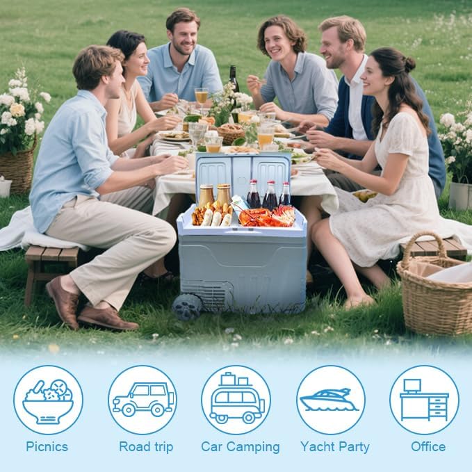 Portable 12V Refrigerator,48QT (45L) Electric Cooler with 12/24V DC and 110-240V AC,-4℉~68℉,Dual Zone Car Refrigerator with Off-Road Wheels,LED Lights and Bottle Opener for Camping,Travel (Large)