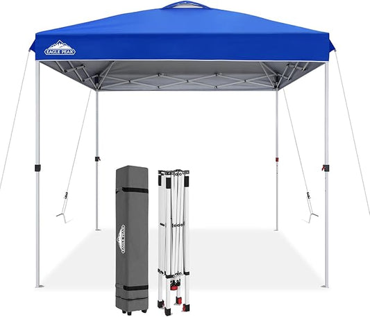 EAGLE PEAK Pop Up Canopy Tent with Wheeled Carry Bag, 8 Stakes, 4 Ropes, Easy Set Up Tent Canopy, 8x8 ft, Blue