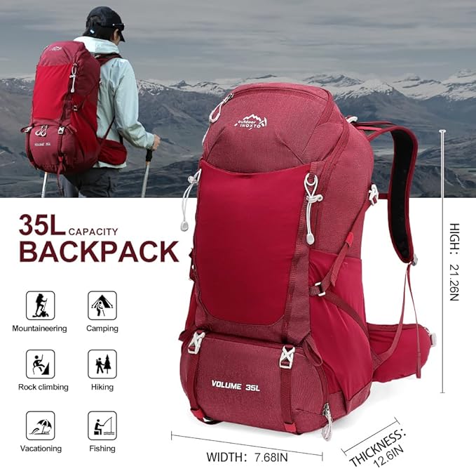 INOXTO 35L Hiking Backpack with 3Lwater bladder, Camping Backpack with Waterproof Rain Cover for Men, Outdoor Sport Travel Daypack for Climbing (Red)