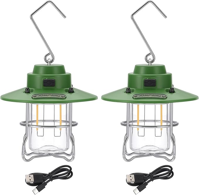 PATIKIL LED Camping Lantern, 2 Pack Vintage Rechargeable Lantern 3 Light Modes Portable Hanging Outdoor Tent Light for Camping, Hiking, Fishing, Green 3.66 Inch