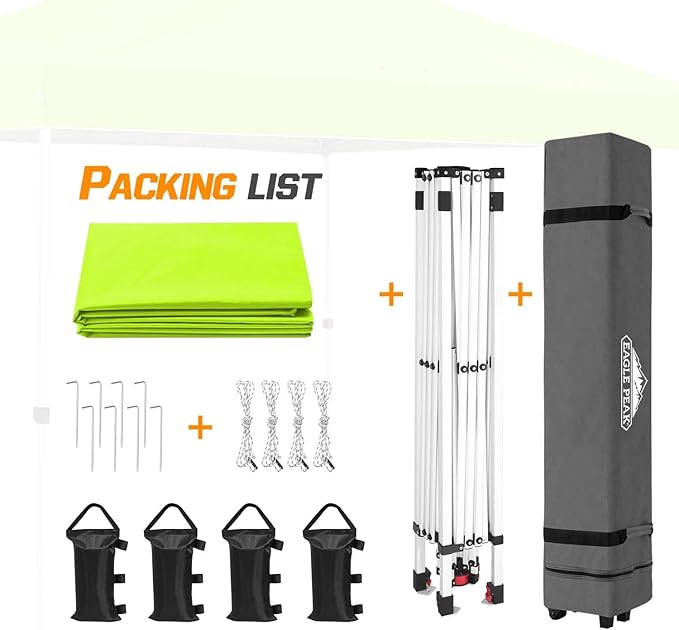 EAGLE PEAK Pop Up Canopy Tent with Wheeled Carry Bag, 8 Stakes, 4 Ropes, 4 Weight Bags, Easy Set Up Tent Canopy, 10x10 ft, 100sqft of Shade, Neon Green