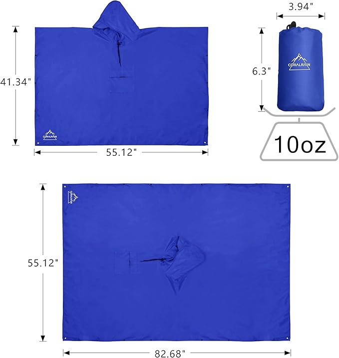 Coralrain Hooded Rain Poncho Lightweight Waterproof Unisex Raincoat Jacket with Pocket for Men Women Adult