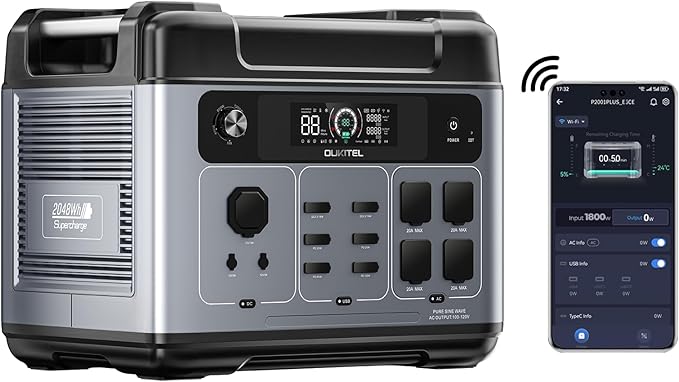 OUKITEL P2001 Plus Power Station 2400W, 2048Wh Solar Generator with 4 AC Outlets(Peak 5000W) 1.5 Hrs Full Charging APP Control LiFePO4 Battery Backup for Home Emergency Camping RV