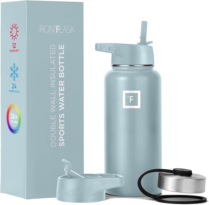 IRON °FLASK Camping & Hiking Hydration Flask with 3 Lids - Stainless Steel, Double Walled & Vacuum Insulated Water Bottle - Leak Proof & BPA Free 32 Oz