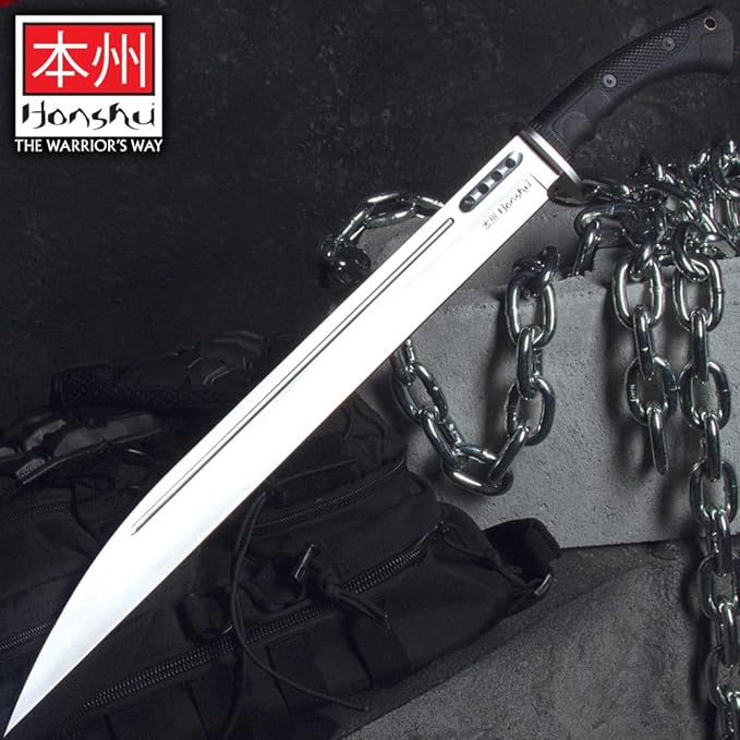 Honshu Boshin Seax Knife | 19 3/8" Full-Tang Stainless Steel Blade | Textured TPR Handle | Premium Leather Sheath with Paracord Lanyard | Modern Tactical Seax Design | 25 3/4" Overall Length