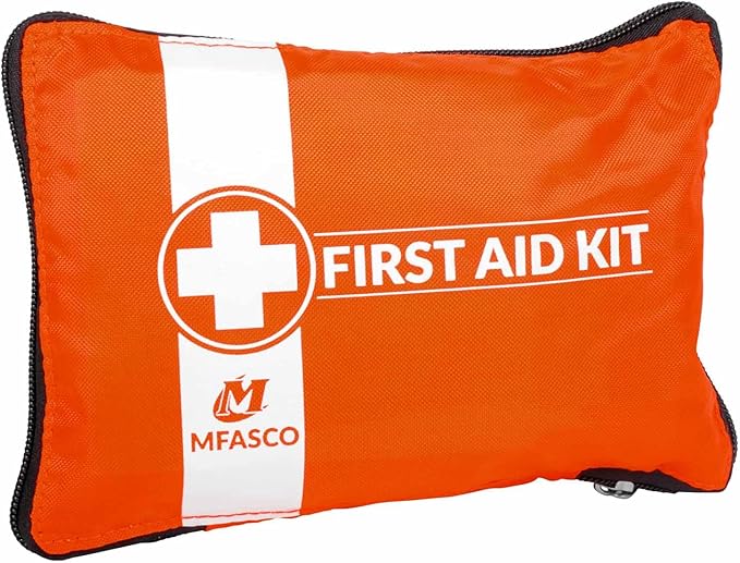 MFASCO First Aid Kit for Home, RV, Automotive - Compact Orange Pouch with Organizers for Small Travel, Backpacking, Cars, Motorcycle, Basic Supplies, Measures 8 x 5 3/4 x 1 1/4 inches, 70 Pieces
