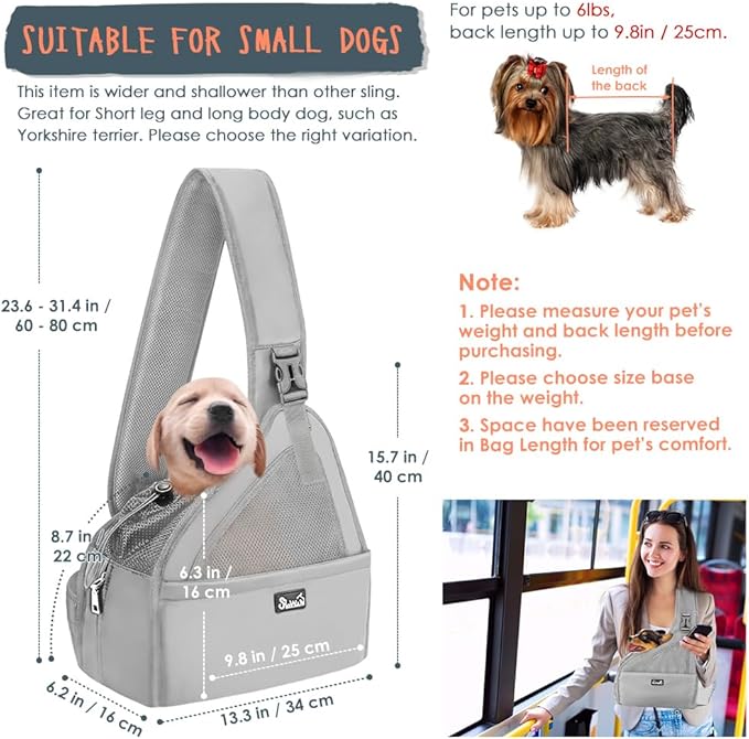SlowTon Pet Dog Sling Carrier, Hands Free Hard Bottom Papoose Small Animal Puppy Up to 6 lbs Travel Bag Tote Breathable Mesh Support Adjustable Padded Strap Pocket Safety Belt(Widened Grey)