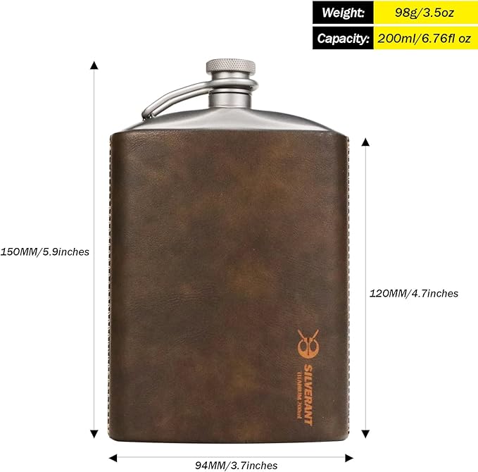 SILVERANT Titanium Hip Flask 248ml/8.73 fl oz, Ultralight Portable Leakproof Pocket Flask Flagon With Screw Cap Clip, Leather Case & Pouring Funnel