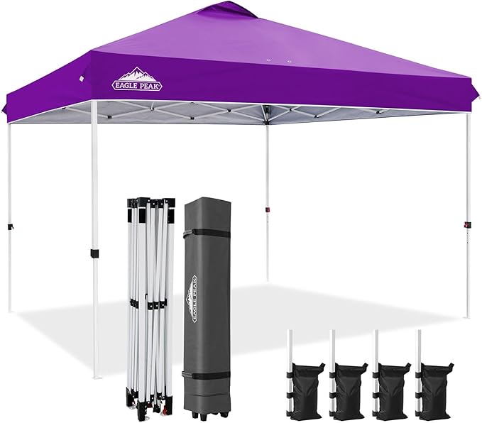 EAGLE PEAK Pop Up Canopy Tent with Wheeled Carry Bag, 8 Stakes, 4 Ropes, 4 Weight Bags, Easy Set Up Tent Canopy, 12x12 ft, 144sqft of Shade, Purple