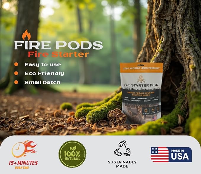 Quick to Light Fire Starter Pods for Fireplaces, Camping,Grill | 15+ Minutes Burntime, Fire Starters Made in USA (Pack of 50)