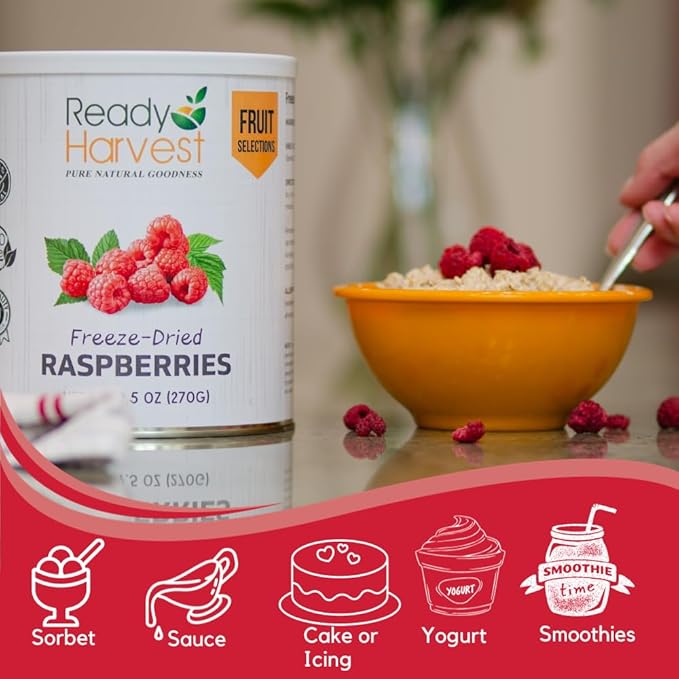 Ready Harvest Freeze Dried Raspberries Whole Foods for Emergency Food Storage, Camping Supplies, and Survival Kits | Sealed Fresh in #10 Can | 30 Year Shelf Life | 6 Cans