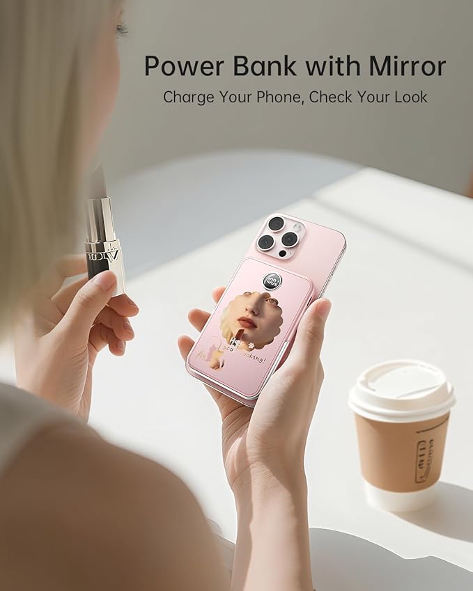 iWALK Magnetic Portable Charger 5,000mAh, Wireless Power Bank with Mirror & Foldable Stand, Ultra Slim Battery Pack with USB-C Cable, MagSafe Compatible for iPhone 17/16/16 Plus/16 Pro/15/14/13/12