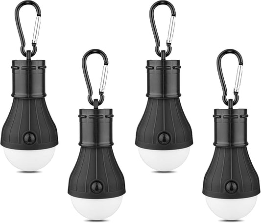 LED Camping Tent Lantern, Portable Outdoor Waterproof Emergency Light Bulb, Battery Powered with Clip Hook, Super Bright, for Hiking, Party,Camping, Fishing, Power Failure (4 Packs, Black )