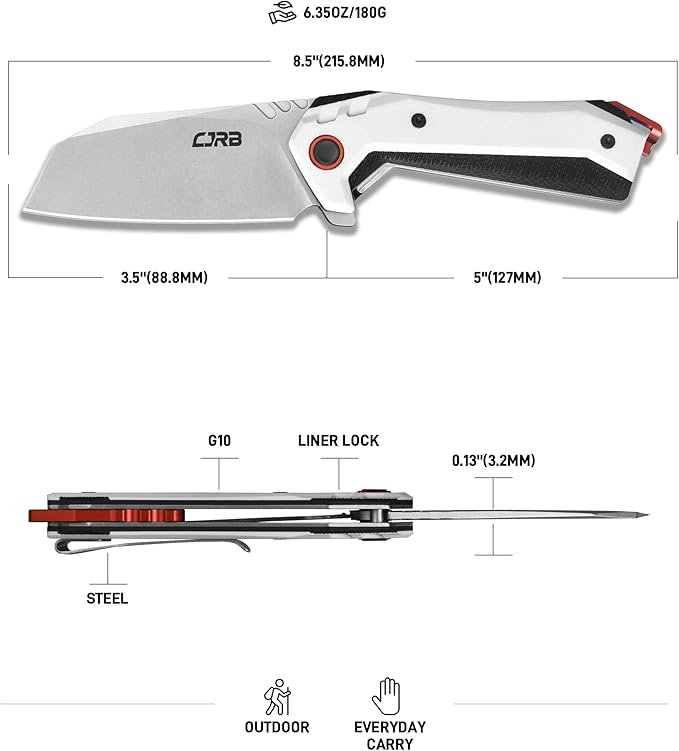 CJRB Tigris Pocket Knife, Folding Knife with AR-RPM9 Powder Steel Stonewash Blade Black & White G10 Handle for EDC Camping Hunting (J1919)