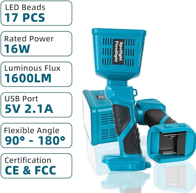 16W Cordless LED Flashlight for Makita 18V Lithium-ion Battery, 1600LM Handheld Work Light with USB Charger Port for Camping, Fishing, Car Repairing, Job Site, Emergency