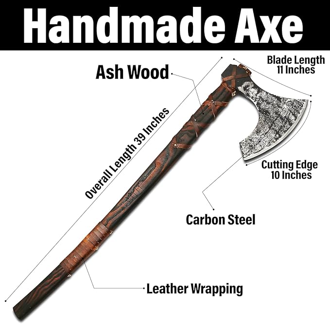 Qepaa Crafts® Handmade Viking Axe – 38" Two-Handed Bearded Norse Axe with Sheath – Forged Steel Berserker Hatchet for Throwing, Chopping, Camping, Gifting(THA)