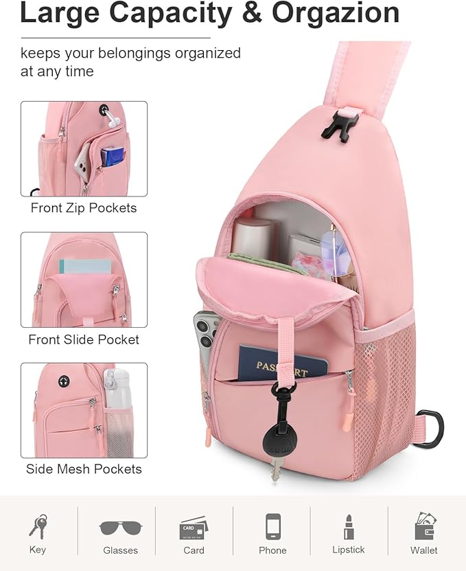 Crossbody Bags for Women Man Waterproof Sling Bag Backpack Trendy Casual Cross Body Bag with Convertible Shoulder Strap Chest Bag for Camping Hiking Travel Essentials (Pink, Large)