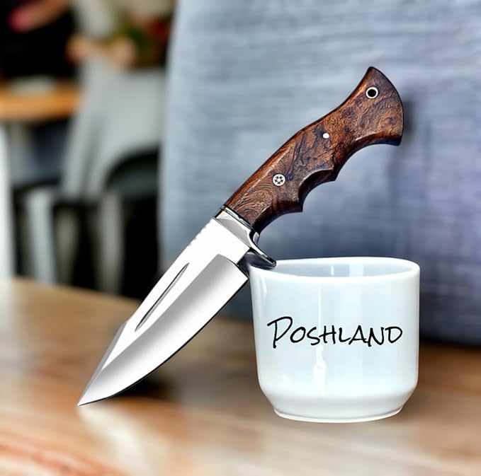 Poshland Handmade Hunting Knife - 10" Bushcraft Fixed Blade EDC Knife with D2 Steel Blade, Walnut Wood Handle, Leather Sheath