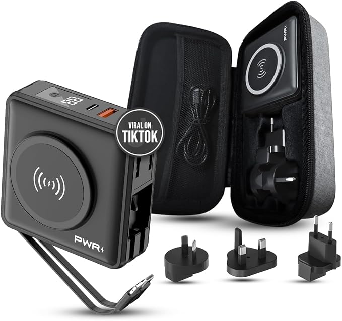 PWR Travel PRO 5-in-1 Power Bank with Case Included??10,000mAh with Built-in Cables ??20W USB-C + 15W Wireless Charging ??Compact Portable Charger for iPhone & Android- Black