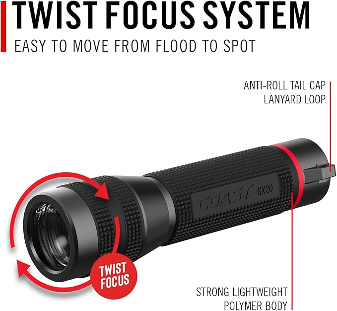 Coast GX20 1200 Lumen Waterproof Alkaline-Dual Power LED Flashlight with Twist Focus, Anti-Roll Cap and Textured Handle - Compatible with 4 x AAA Batteries (Included) or ZX750 Rechargeable Battery
