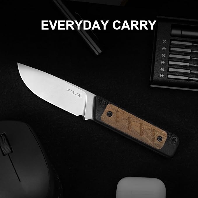 Kizer Smolt Fixed Blade Knife, 2.93" AEB-L Fixed Blade with Black & Brown G10 Mkuruti Wood Handle, Drop Point EDC Knives with Sheath for Camping Hiking 1063M1