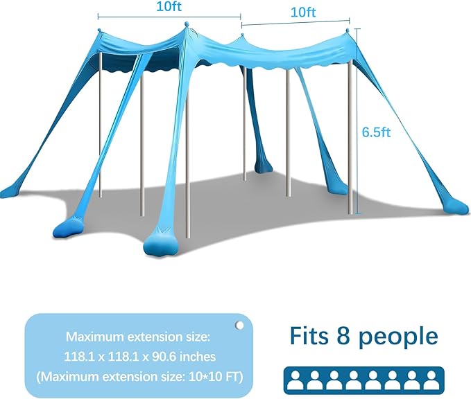 Beach Tent Sun Shelter, 10 x 10 FT Beach Canopy Tent Sun Shade, UPF50+ Protection with 6 Sandbags 6 Stability Poles, Outdoor Beach Shade Canopy for Camping, Fishing, Backyard
