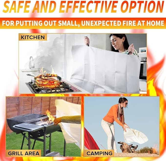 Emergency Fire Blanket for Home Kitchen 40"x40" 2 Pack with Gloves and Hooks Flame Suppression Fiberglass Fireproof Retardant Blankets for Car Boat Camping BBQ Grill Warehouse Survival Safety