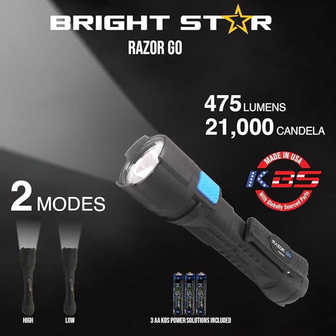 Bright Star Razor Go All-Purpose LED Flashlight – 21,000 Candela Beam, 24-Hour Runtime, Magnetic Hands-Free Base – Heavy-Duty Utility Light with AA Batteries Included – Made in USA