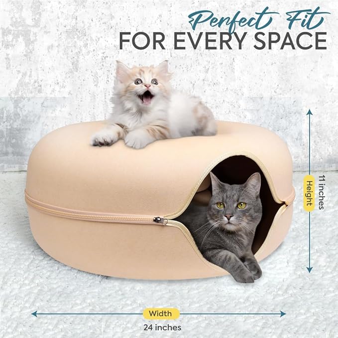Laluz 2021 Large Cat Tunnel Bed for Indoor Cats Up to 30 Lbs Peekaboo Donut Cave with Catnip and Plush Toys Scratch Resistant Felt Design Detachable and Washable Cat Tunnel (Beige, L)