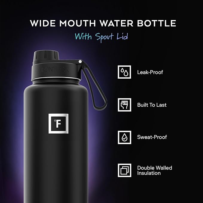 IRON °FLASK Camping & Hiking Hydration Flask with 3 Lids - Stainless Steel, Double Walled & Vacuum Insulated Water Bottle - Leak Proof & BPA Free (Midnight Black, Spout - 40 oz)