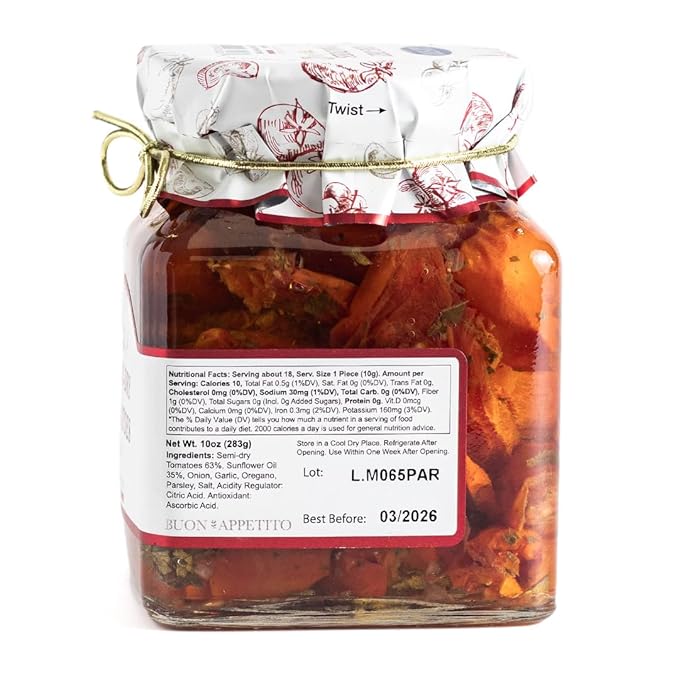 Giusto Sapore Antipasto, Semi-Dry Tomatoes in Oil - Non GMO Italian Premium Gourmet Brand - Imported from Italy and Family Owned - 10.23oz - 6 Pack